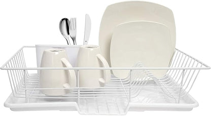 Sweet Home Collection Metal, Plasic 3 Piece Dish Drainer Rack Set with Drying Board and Utensil Holder, 12" x 19" x 5", White