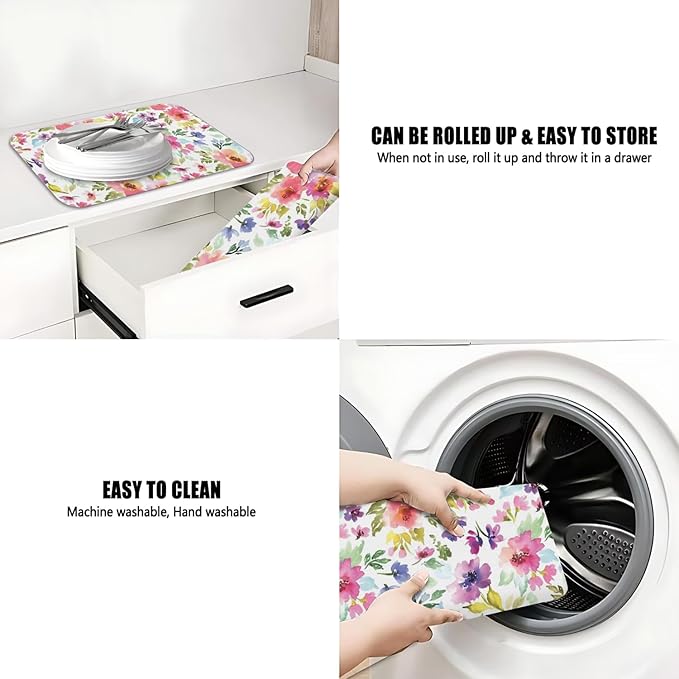 Dish Drying Mat for Kitchen Counter 2 Pack with Non-Slip Rubber Backing - Heat-Resistant Absorbent Coffee Bar Mat, Dish Rack Mat, Watercolor Flower Dish Drying Mats 18x24+19.5x12 inch