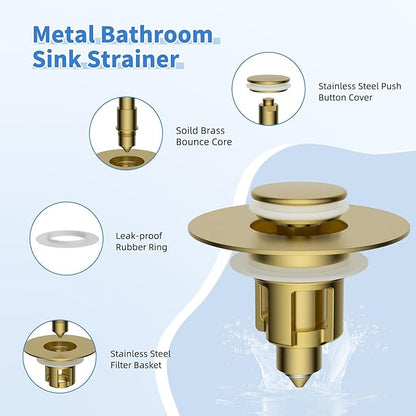 iFealClear Metal Universal Bathroom Sink Stopper, Upgraded Stainless Steel Sink Drain Strainer for 1.1''~2.36" Basin Pop Up Drain Strainer, Anti-Clogging Filter Basket, Brushed Gold