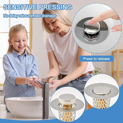 2Pack Bathroom Sink Stopper, Universal Drain Filter for Stainless Steel Floor Drain Filter, Universal Bathroom Sink Drains Pop-up Stopper with Filter Basket Hair Strainer(Color:Silver)