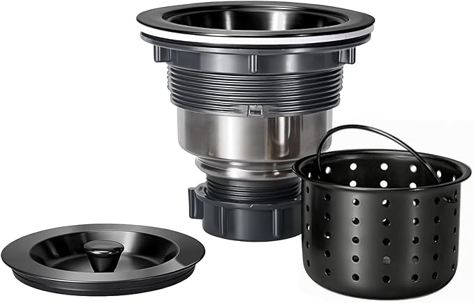 Kitchen Sink Drain 3-1/2 Inch Black Sink Drain Assembly Kit, Removable Deep Sink Strainer Basket with Sink Stopper/Sealing Lid for Home, Kitchen, Stainless Steel