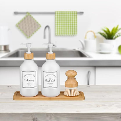 Zopeal 4 Pcs 16 oz Kitchen Soap Dispenser Set with Bamboo Tray and Dish Brush Plastic Soap Dispenser Set with Waterproof Labels for Hand Dish Lotion(Frosted White)