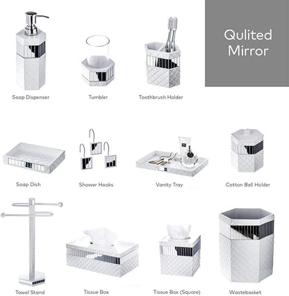 Creative Scents Quilted Mirror White Bathroom Accessories Set - Decorative 6 Piece Bathroom Set Includes: Trash Can, Tissue Box Cover, Soap Dispenser, Toothbrush Holder, Tumbler & Soap Dish
