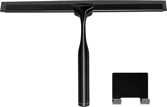 Metal Squeegee – Stainless Steel Window Cleaner Removes Water and Soap on Shower Doors, Car Windshields, Glass, with Soft Silicone Blade, Includes Hanging Hook and Screwdriver, Black