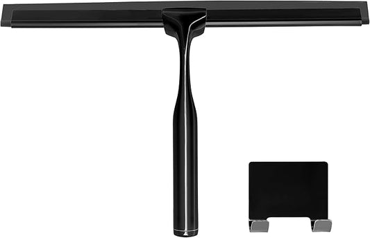Metal Squeegee – Stainless Steel Window Cleaner Removes Water and Soap on Shower Doors, Car Windshields, Glass, with Soft Silicone Blade, Includes Hanging Hook and Screwdriver, Black