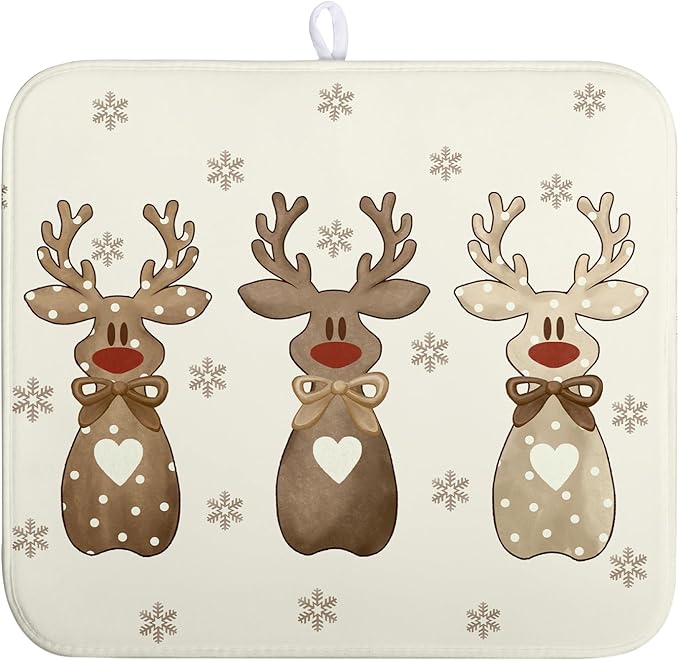 Christmas Reindeer Snowflakes Dish Drying Mat for Kitchen Counter 16x18 Inch Winter Xmas Holiday Drying Pads Microfiber Absorbent Dish Draining Mat Large Dish Drainer Rack Mat