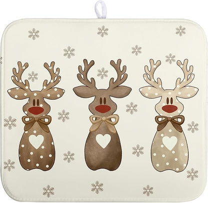 Christmas Reindeer Snowflakes Dish Drying Mat for Kitchen Counter 16x18 Inch Winter Xmas Holiday Drying Pads Microfiber Absorbent Dish Draining Mat Large Dish Drainer Rack Mat