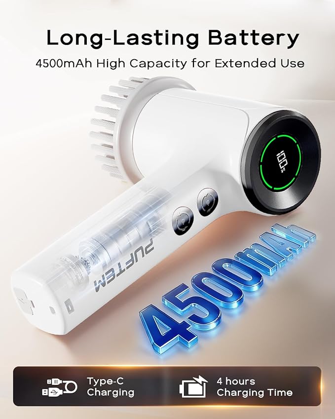PUFTEM Upgraded Electric Spin Scrubber, Powerful Cordless Shower Scrubber with 4500mAh Large Battery & Speed Display, 6 Replaceable Brush Heads, Cleaning Brush for Bathroom Tile Tub Floor (White)