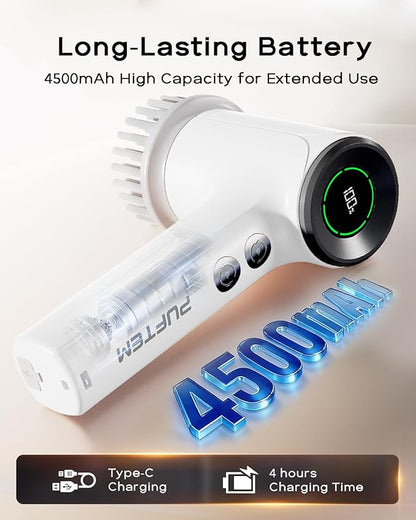 PUFTEM Upgraded Electric Spin Scrubber, Powerful Cordless Shower Scrubber with 4500mAh Large Battery & Speed Display, 6 Replaceable Brush Heads, Cleaning Brush for Bathroom Tile Tub Floor (White)