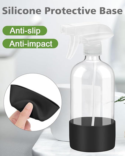 Rionisor Glass Spray Bottles with Silicone Sleeve Protection, Empty 16OZ Reusable Spray Bottles, Refillable Containers with Spray Nozzles for Cleaning Solutions, Plants and Essential Oils 1 Pack Black