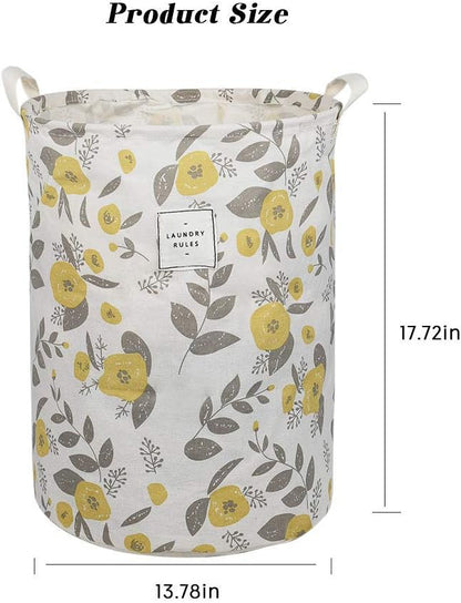 UUJOLY Collapsible Laundry Basket, Laundry Hamper with Handles Waterproof Round Cotton Linen Laundry Hamper Printing Household Organizer Basket, 19.7x15.7 inches, Yellow