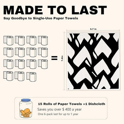 6 Pack Swedish Reusable Kitchen Dishcloths, Black White Geometric Cellulose Sponge Cloths, Washable Absorbent No Odor Eco Towels, Dish Washing Cleaning Supplies