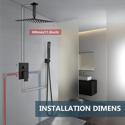 Aolemi Ceiling Mount Shower System Rain Shower Head with Handheld Spray High Pressure Shower Faucet Set Rough-in Valve Shower Trim Kit Included Bathroom Matte Black 12 Inch Ceiling Shower Head