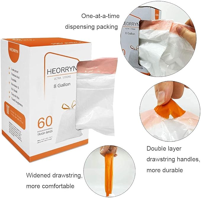 60 Count 8 Gallon Drawstring Trash Bags-0.79 Mil Ultra Strong Medium Trash Can Liners for Kitchen/Office,Unscented White Garbage Bags