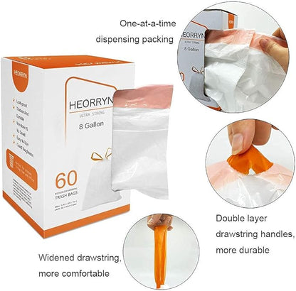 60 Count 8 Gallon Drawstring Trash Bags-0.79 Mil Ultra Strong Medium Trash Can Liners for Kitchen/Office,Unscented White Garbage Bags