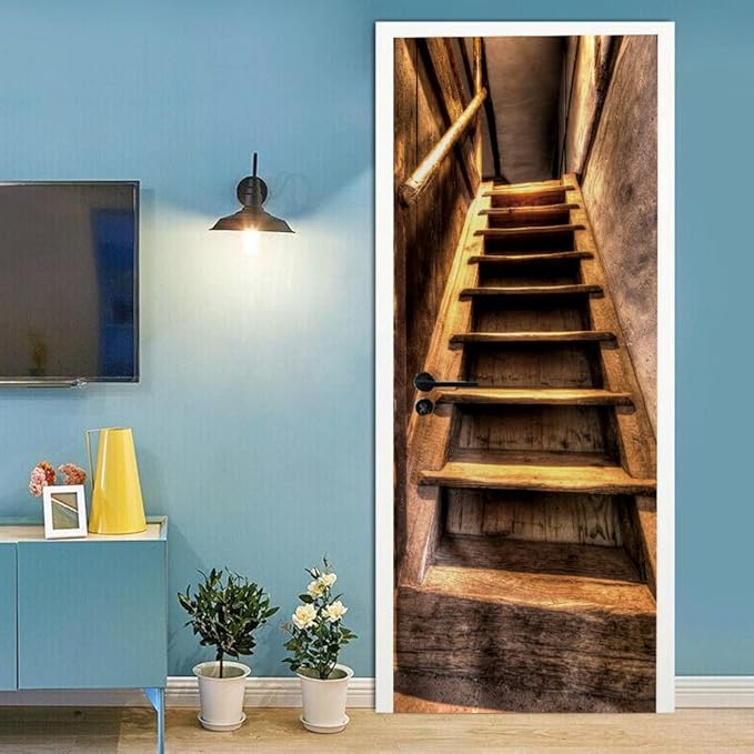3D Peel and Stick Murals - Wooden Stairs Wallpaper Removable PVC Waterproof Door Poster for Bedroom Living Room 37.4 x 78.7 inch