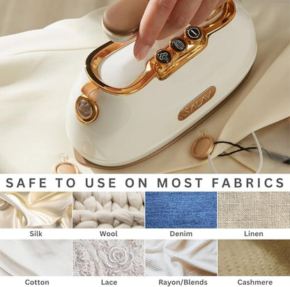 SALAV® Retro Edition Duopress Handheld Garment Steamer and Iron, Ceramic Plate, 1000 watts of Steam, Removes Wrinkles on Clothes, Vintage Style No Drip Steam, Pearl