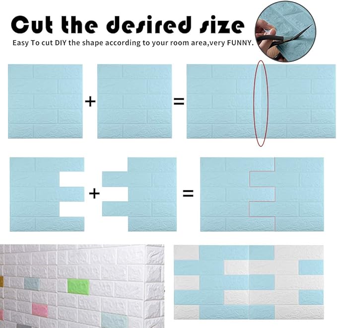 10 PCS Blue 3D Wall Panels, 14.5 sq.feet Coverage, Printable Wallpaper Sticker with Self-Adhesive Waterproof Brick PE Foam Wall Panels Peel and Stick for Interior Wall Decor, Home Decoration