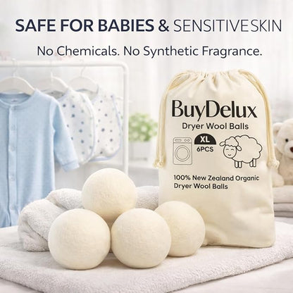 Wool Dryer Balls 6 Pack XL 7cm, 100% New Zealand Wool, Reusable 1000+ Loads, Natural Fabric Softener Alternative, Helps Reduce Drying Time, Static and Wrinkles, Baby Safe