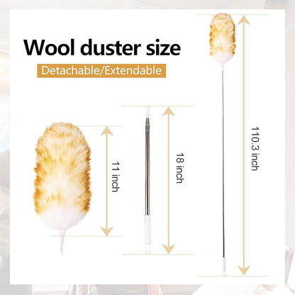 Lambswool Extendable Duster 29-110 Inch, Anti-Static Flexible Head, Stainless Steel Pole for High Ceilings, Fans, Interior & Roof Dusting.