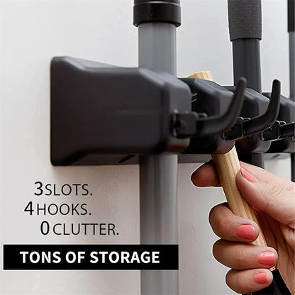 Broom and Mop Holder Wall Mount, Hooks Hanger for Mops and Broom, Organizer Kit with 3 Slots and 4 Hooks, Perfect for House, Bathroom, Laundry, Garden, Tool Room, Garage, Wall Mounted, Black