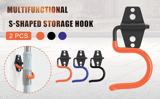 2PCS Garage Hook Heavy Duty Steel Garage Storage Hook, Heavy Duty Hook，Utility Hook and Broom and Mop Holder Wall Mount for Organizing Cleaning Tools, Mops, Garden Tools (S-Type) (Oranges)