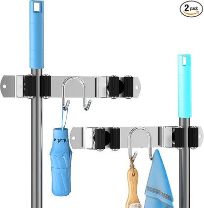 Broom Holder Wall Mount, 2-Pack Stainless Steel Mop and Broom Organizer, Broom Hanger with 2 Slots 2 Hooks for Home Kitchen, Garage, Garden and Laundry Room, Silver