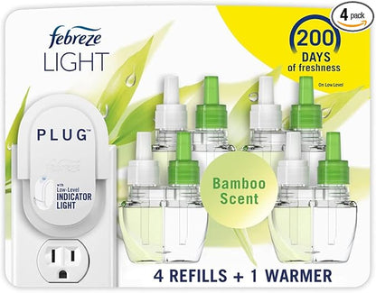 Febreze Plug-In Air Freshener, Odor-Fighting Scented Oil Starter Kit, Air Fresheners for Home and Bathroom and Kitchen, Long Lasting for Strong Odors, Bamboo Scent, Warmer + 4 Refill