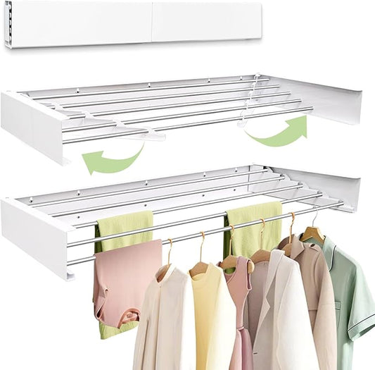 Wall Mounted Drying Rack 31.5'', Foldable Wall Clothes Drying Rack, Space Saving Laundry Drying Rack, Heavy Duty Clothes Drying Rack 5 Rods, Collapsible Clothing Rack for Bathroom Balcony