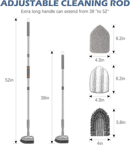 SetSail Floor Scrub Brush, 3-In-1 Tile Tub Floor Scrubber with 52-inch Adjustable Long Handle Shower Cleaner Brush and 3 Detachable Replacement Brush Heads for Cleaning Bathroom Kitchen Tub Tile, Grey
