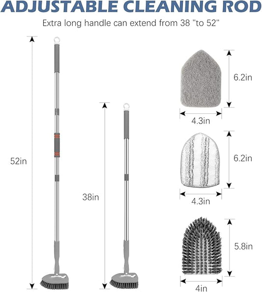 SetSail Floor Scrub Brush, 3-In-1 Tile Tub Floor Scrubber with 52-inch Adjustable Long Handle Shower Cleaner Brush and 3 Detachable Replacement Brush Heads for Cleaning Bathroom Kitchen Tub Tile, Grey