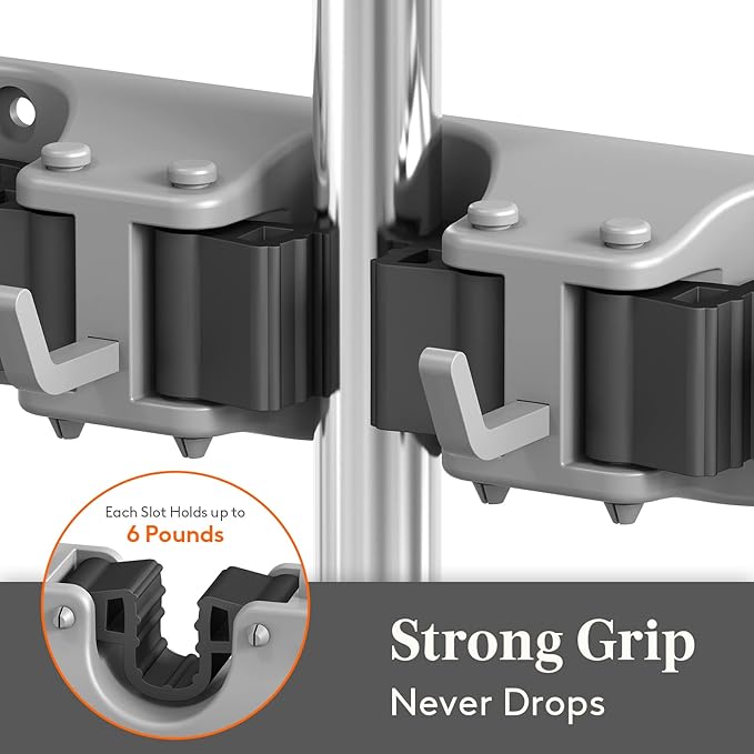 Lifewit Mop and Broom Holder Wall Mount, Anti-Slip Broom Hanger for Cleaning Supplies Organizer, Easy Install Tool Hanging Rack for Closet, Kitchen, Garage, 5 Slot 6 Hooks, Hold 30lbs, Gray, 1 Pack