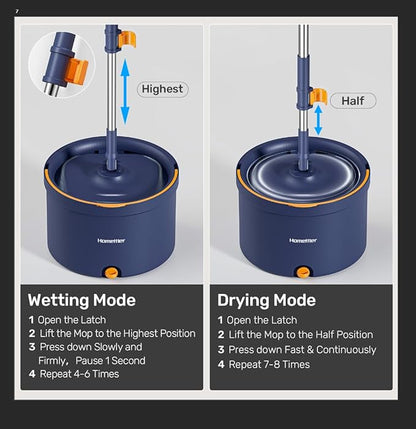 Spin Mop and Bucket Set, Mop Bucket with Separate Dirty Water System, Deep-Cleaning Mops for Floors/Wall, Versatile Mops with 4 Microfiber Mop Pads