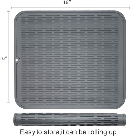 ZLR 2 Pcs Large Silicone Dish Drying Mat (16" x 18") - XL Heavy Duty Drainboard Mat for Pots, Pans & Family Loads - Heat Resistant Trivet & Counter Protector, Easy Clean (Dark Gray)