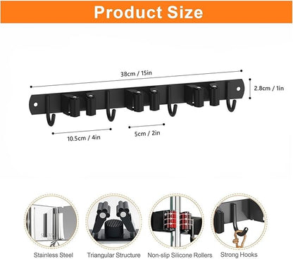 CUXIXA 2 Pack Mop and Broom Holder Wall Mount, Non-slip Broom Hanger Wall Mount, Heavy Duty Mop Broom Organizer for Kitchen Garden Garage Laundry Room Wall Decor Organization and Storage Black 3R4H
