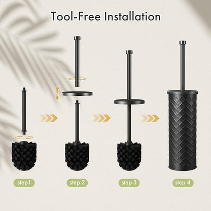 Toilet Bowl Brush and Holder Set 2 Pack with 4 Extra Brush Heads | Extra Long Handle with Splash Guard Cover, Tool-Free Installation, Bathroom Space-Saving, Cleaner Sets for Apartments, RV (Black)
