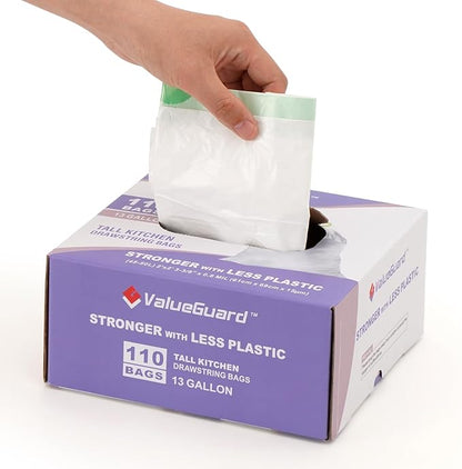 ValueGuard Trash Bags Garbage Bag 13 Gallon Drawstring Tall Waste Bag for Kitchen Office Party 0.6 Mil (110 Count)