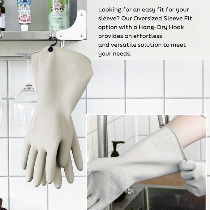 Myungjin 2 Pairs Reusable Waterproof Non-Slip Honeycomb Grip Latex Rubber Gloves with Hang-Dry Hooks/Hanging Loops for Dishwashing Household Cleaning Cooking (X-Large)