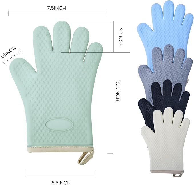 Silicone Oven Mitts Heat,1 Pair Non-Slip Five-Finger Oven Gloves, Waterproof Flexible BBQ Grilling Gloves with Hanging Loops, Kitchen Mitts for Baking Cooking Frying (Green)
