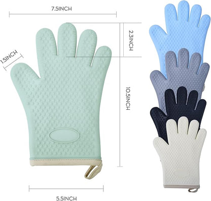 Silicone Oven Mitts Heat,1 Pair Non-Slip Five-Finger Oven Gloves, Waterproof Flexible BBQ Grilling Gloves with Hanging Loops, Kitchen Mitts for Baking Cooking Frying (Green)