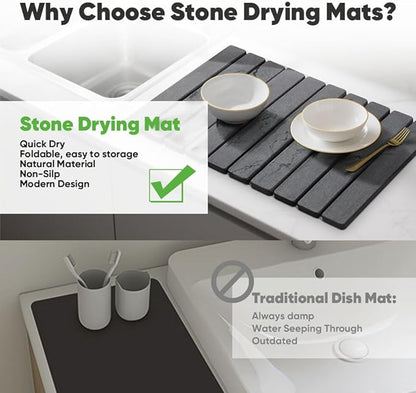 Stone Drying Mat for Kitchen Counter, Quick Diatomaceous Earth Mats for Dishes, 24" x 16" W Super Absorbent Fast-Drying Collapsible Countertop Stone Mat (Marble Grey, Extra Large)
