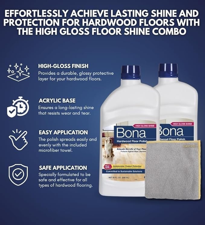 Bona Hardwood Floor Polish Acrylic Base High Gloss 32 oz Bundle with Microfiber Cloth - Wood Floor Polish for Shining and Protecting Floors - Polish for Hard Surface and Hardwood Floors - (3 Items)