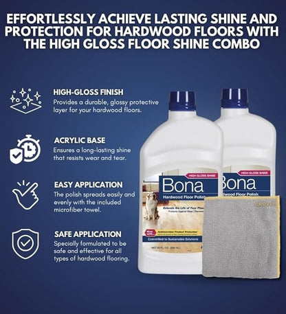 Bona Hardwood Floor Polish Acrylic Base High Gloss 32 oz Bundle with Microfiber Cloth - Wood Floor Polish for Shining and Protecting Floors - Polish for Hard Surface and Hardwood Floors - (3 Items)