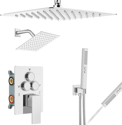 Aolemi Shower Faucet Set Ceiling Mount Shower System Rough-in Valve and Shower Trim Kit 2 in 1 Handheld Spray Push Button Diverter 12 and 6 Inch Dual Shower Head Polish Chrome