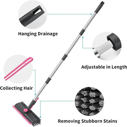 AIR U+ Floor Scrub Brush with Long Handle, 3 in 1 Scrape and Heavy-Duty Stiff Bristle Scrubber Brush for Cleaning Shower Bathroom, Patio, Pool, Garage, Kitchen, Wall and Deck, Gray and Pink