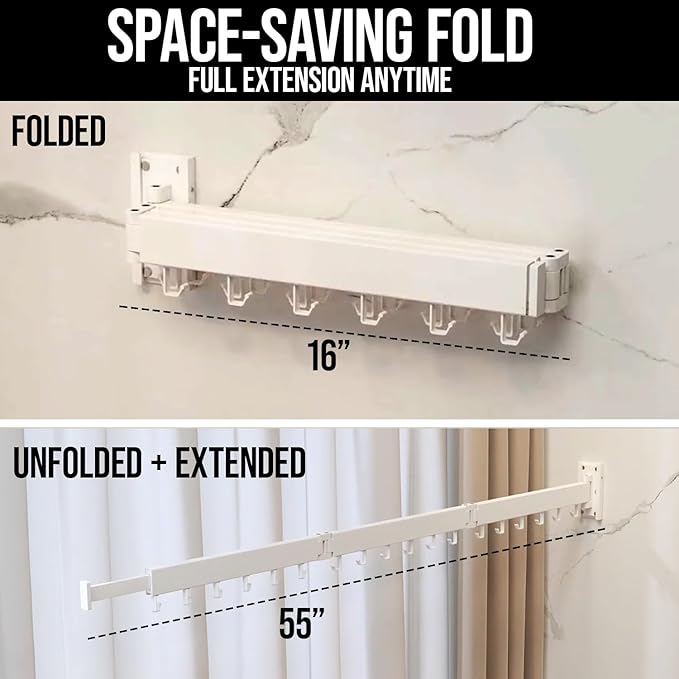 Wall Mounted Drying Rack for Laundry - Foldable Clothes Hanger Dryer with 180° Swivel, 220 lb Capacity, Aluminum Construction, Space-Saving Indoor Outdoor Organizer - White
