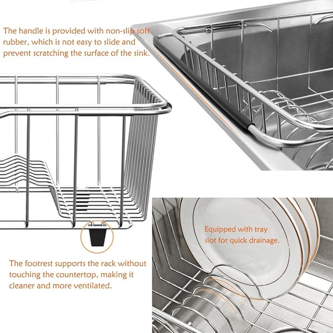 NiuYichee Stainless Steel Dish Drying Rack(15.2"L X 11"W X 5.3"H), Expandable Fruit & Vegetable Drain Rack over Sink, Dish Drainer Rack in Sink, with Stainless Steel Utensil Holder & Silicone Mat(16")