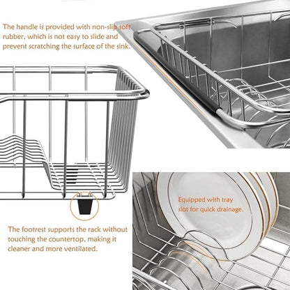 NiuYichee Stainless Steel Dish Drying Rack(15.2"L X 11"W X 5.3"H), Expandable Fruit & Vegetable Drain Rack over Sink, Dish Drainer Rack in Sink, with Stainless Steel Utensil Holder & Silicone Mat(16")