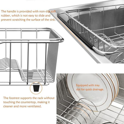 NiuYichee Stainless Steel Dish Drying Rack(15.2"L X 13"W X 5.8"H), Expandable Fruit & Vegetable Drain Rack over Sink, Dish Drainer Rack in Sink, with Stainless Steel Utensil Holder & Silicone Mat(16")