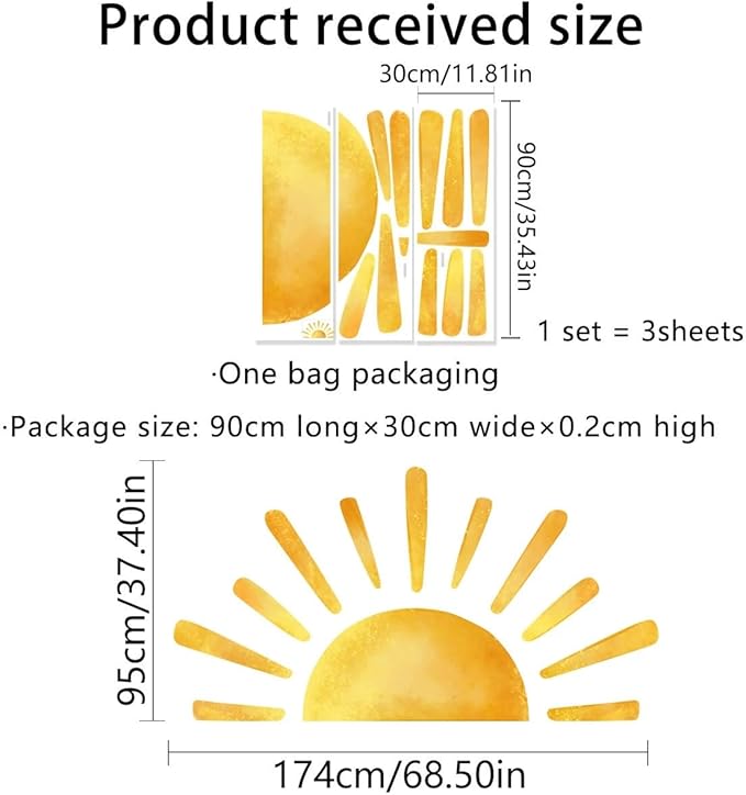 Wall Stickers Decals Kids Peel and Stick Removable for Nursery Kids Bedroom Living Room décor Boys Playroom (Golden Sun)